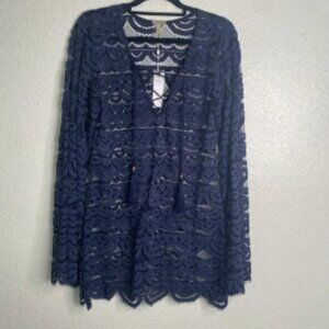 NWT Pilya/PQ Swim Women's Noah Scalloped Lace Tunic Navy/Gold Medium/Large